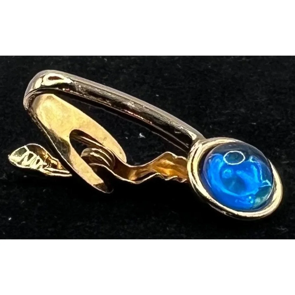 Vintage Men's Gold‎ Tone Tie Clip Blue Glass Cabochon Spring Clasp